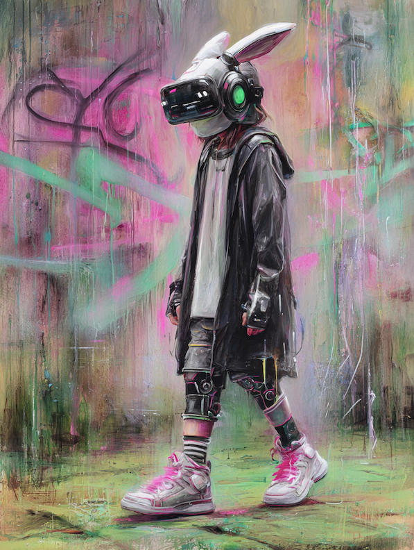 pastel painting of a cyberpunk bunny girl walking