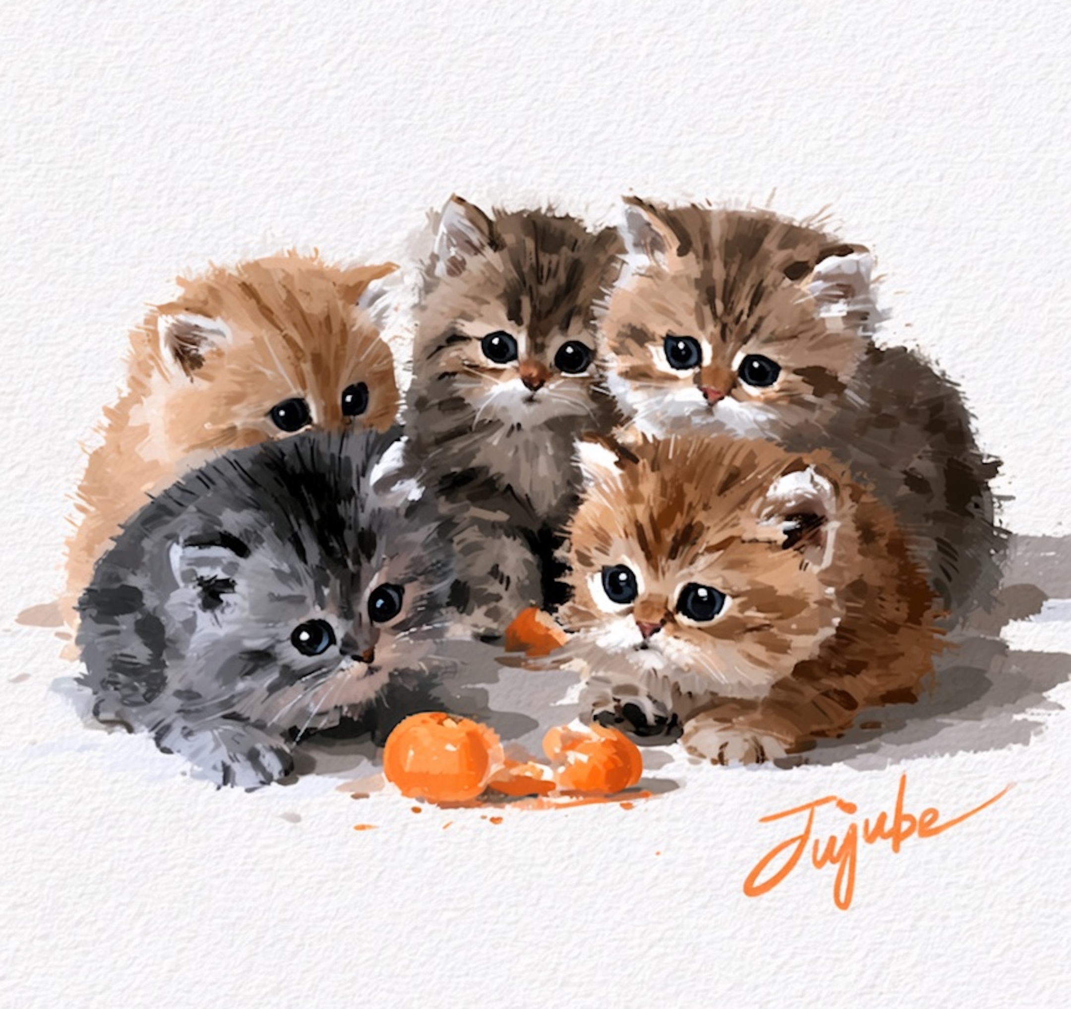 Japanese brush painting of a group of kittens playing with oranges