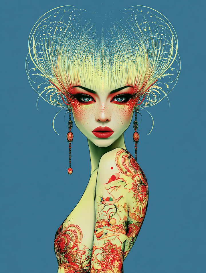 portrait of a sexy young woman covered with fractal patterns