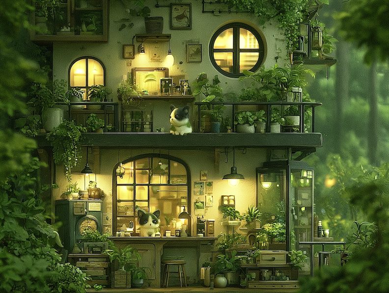 Two black-and-white cats in a cozy, plant-filled two-story home glowing with warm yellow light.Two black-and-white cats in a cozy, plant-filled two-story home glowing with warm yellow light.