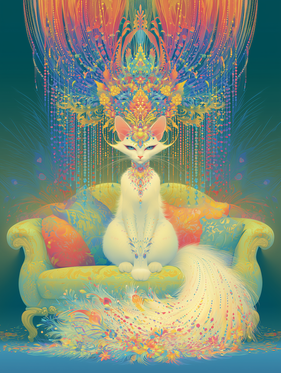 White cat sitting on a gold sofa under a tall rainbow headdress and peacock-like tail