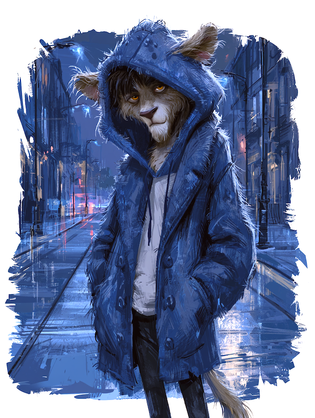 Cat in an oversized blue hooded coat standing on a rainy city street at night