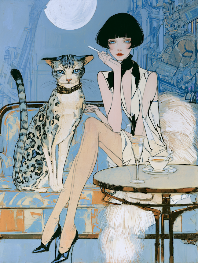 Woman with a black bob sitting at a cafe table beside a blue-eyed leopard-spotted cat