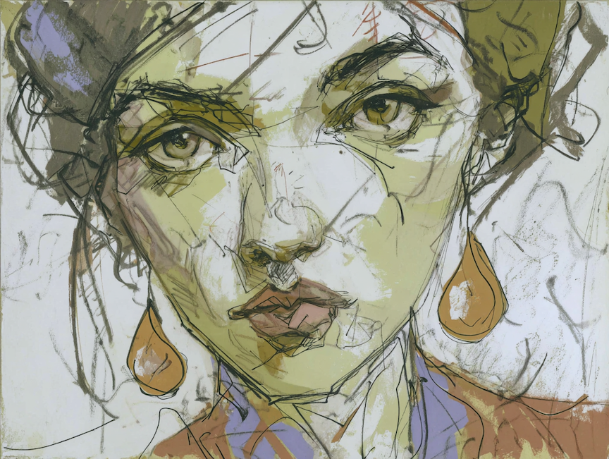 watercolor and ink drawing of a young woman, messy sketch vibe