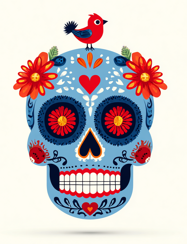 red bird standing on a decorated skull