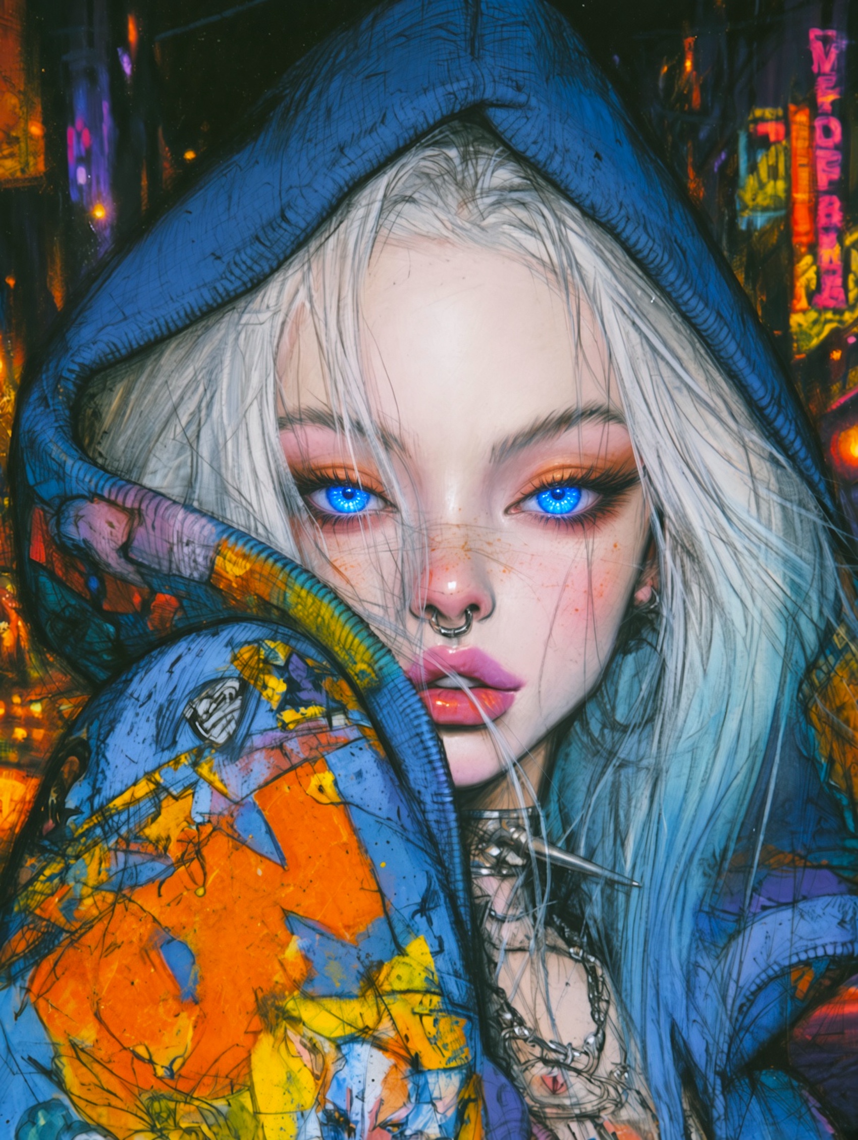 Beautiful punk girl with blue eyes and hoody