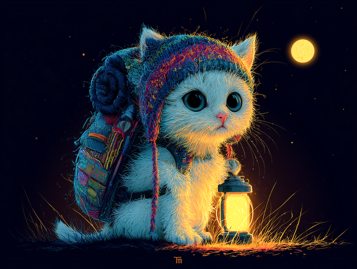 cat with travel gear and lanturn, under the moon
