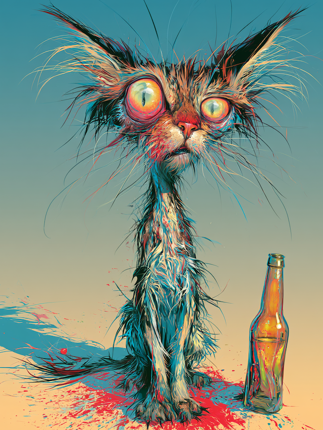 grrumpy cat looks at a beer bottle
