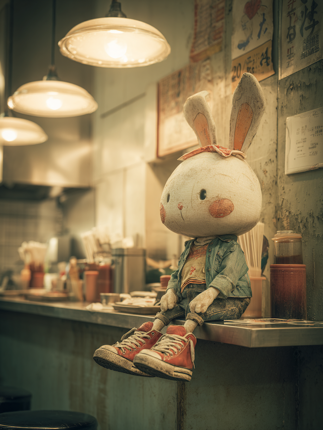 a cute lonely rabbit sitting on the counter of a bar, retro photography 