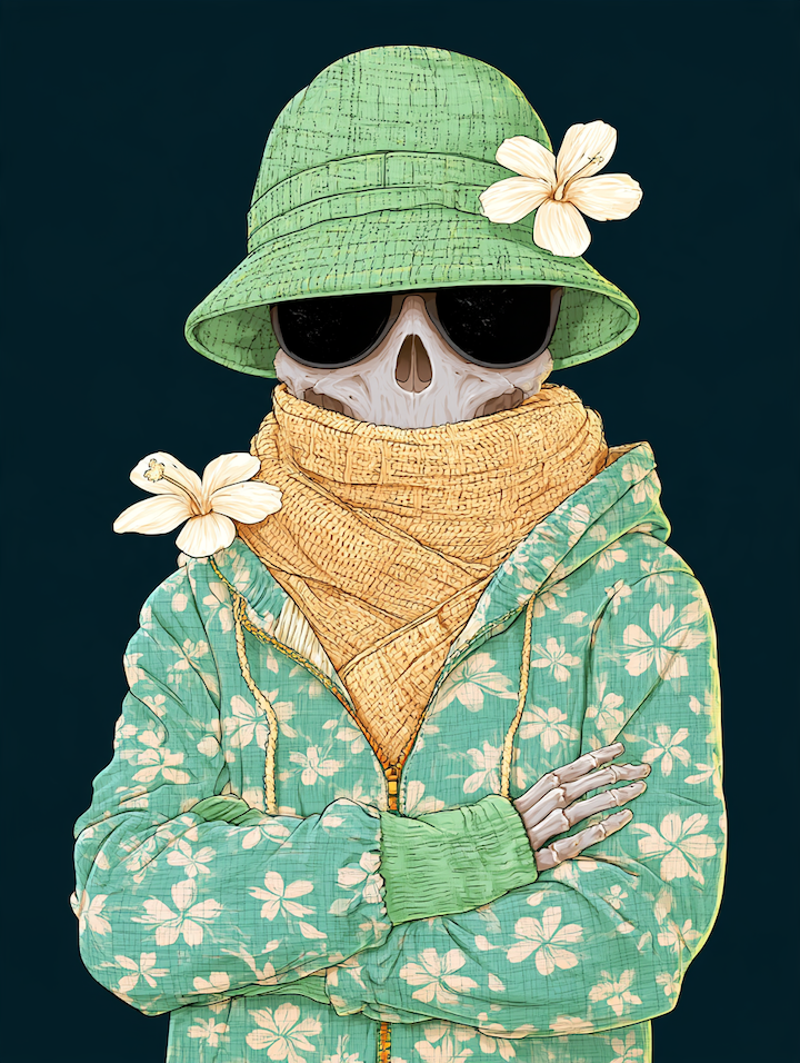 2d drawing of a skull wearing green hat, green floral coat