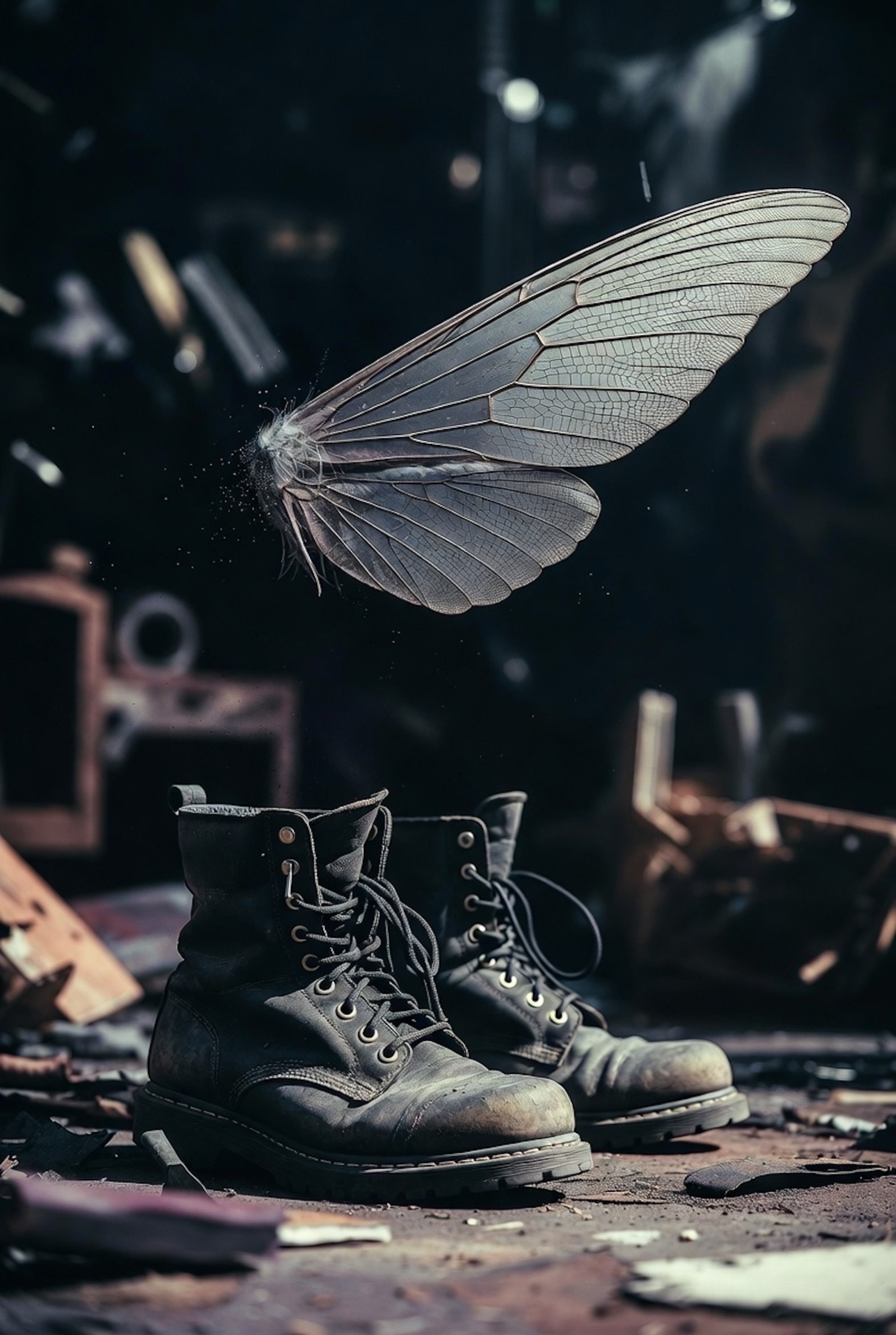 retro photography features a pair of old boots, a moth with huge translucent wings
