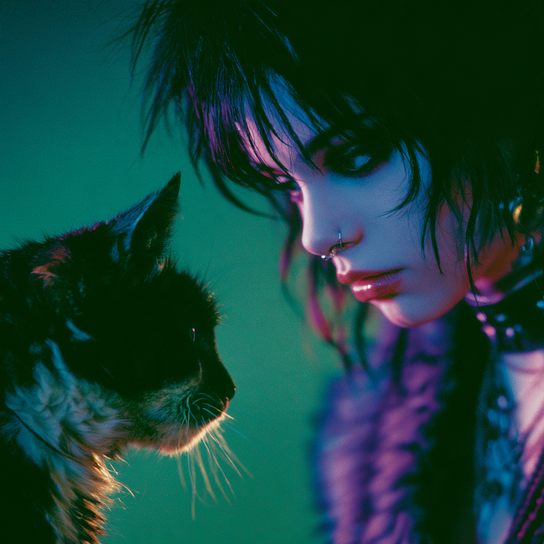 gothic girl looking at a cat