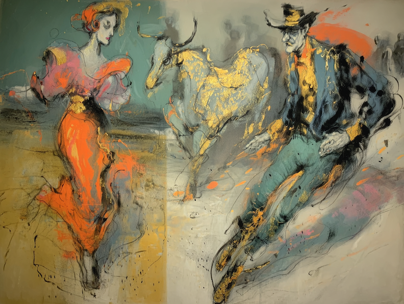 expressive pastel painting of Spanish bullfighting