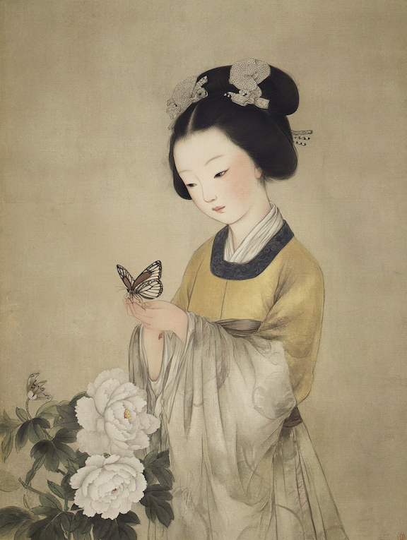 Ancient Chinese beauty with butterfly and peonies