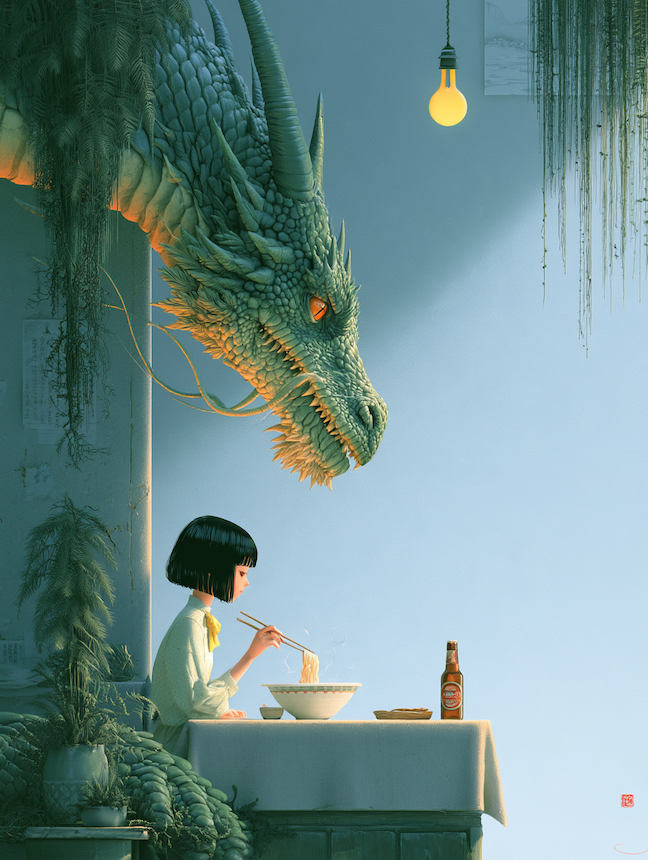 Dragon watching a girl having noodle