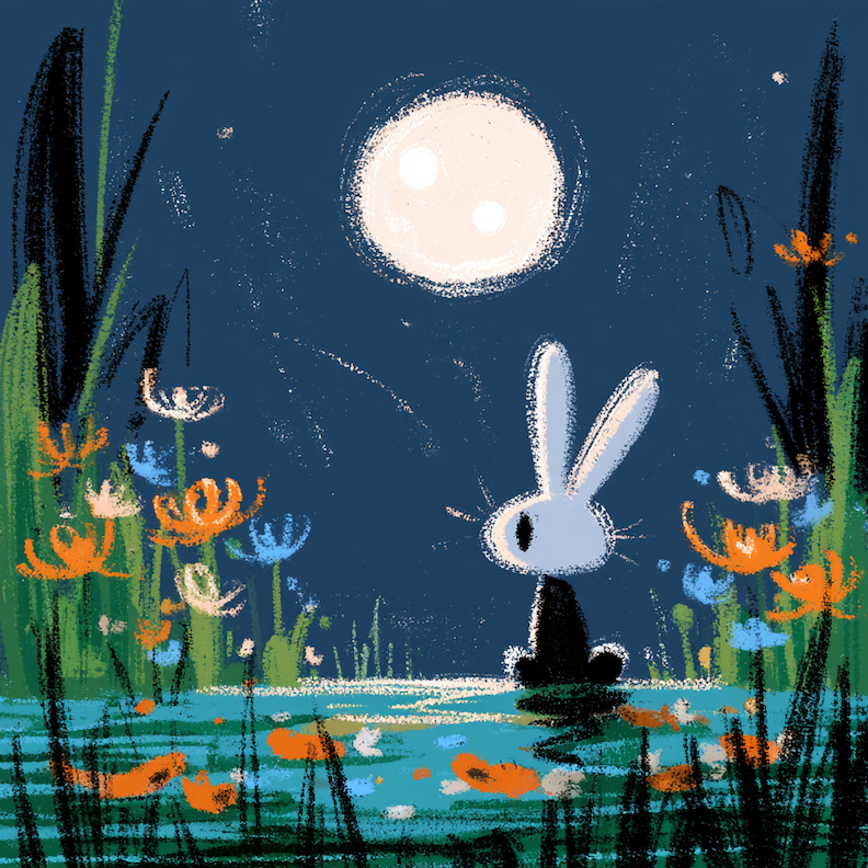 pastel drawing of a rabbit sitting by a koii pond, dark night, bright moon, flowers around