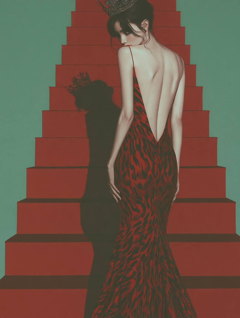 beautifull woman in crimson evening dress standing in front of red carpet stairs, intriguing shadow and composition