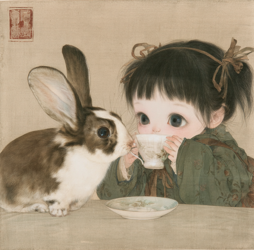 cute Japanese girl drinking coffee, furry rabbit looking at her