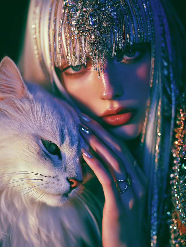 exotic beautiful woman with her pet cat